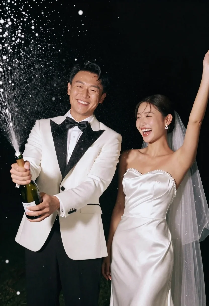 Joyful wedding couple celebrating with spraying champagne in studio - AI generated image prompt sample