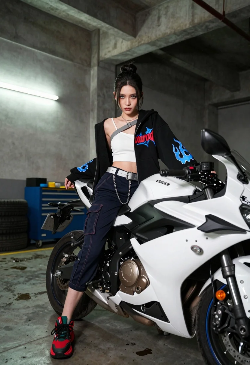 Young woman sitting on sport motorcycle in industrial garage setting - AI generated image prompt sample