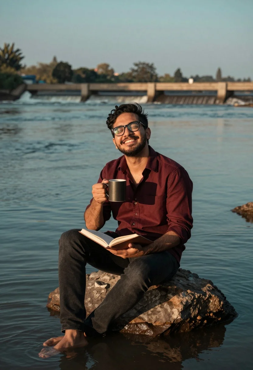 Man sitting on rock by river holding mug and book in soft - AI generated image prompt sample
