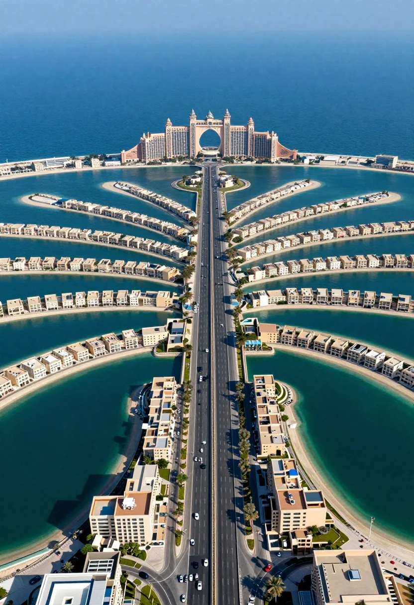 Aerial view of palm jumeirah artificial island dubai highway and resort - AI generated image prompt sample