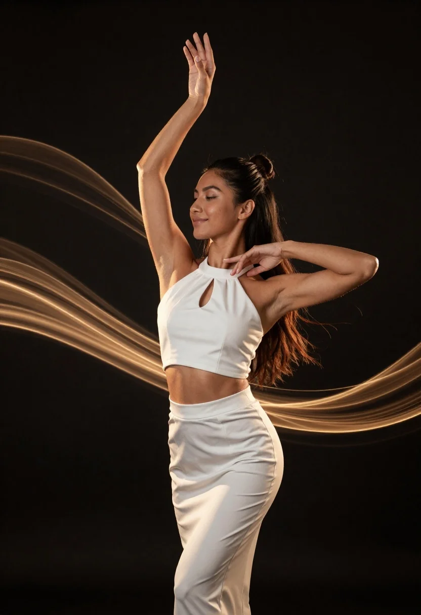 Fit woman in white outfit posing with golden light ribbons against black - AI generated image prompt sample