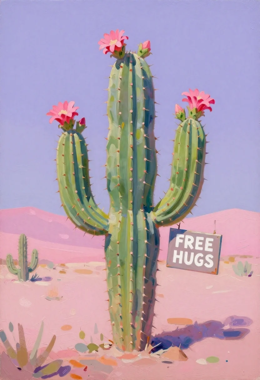 Oil painting of cheerful cactus in pastel desert landscape - AI generated image prompt sample