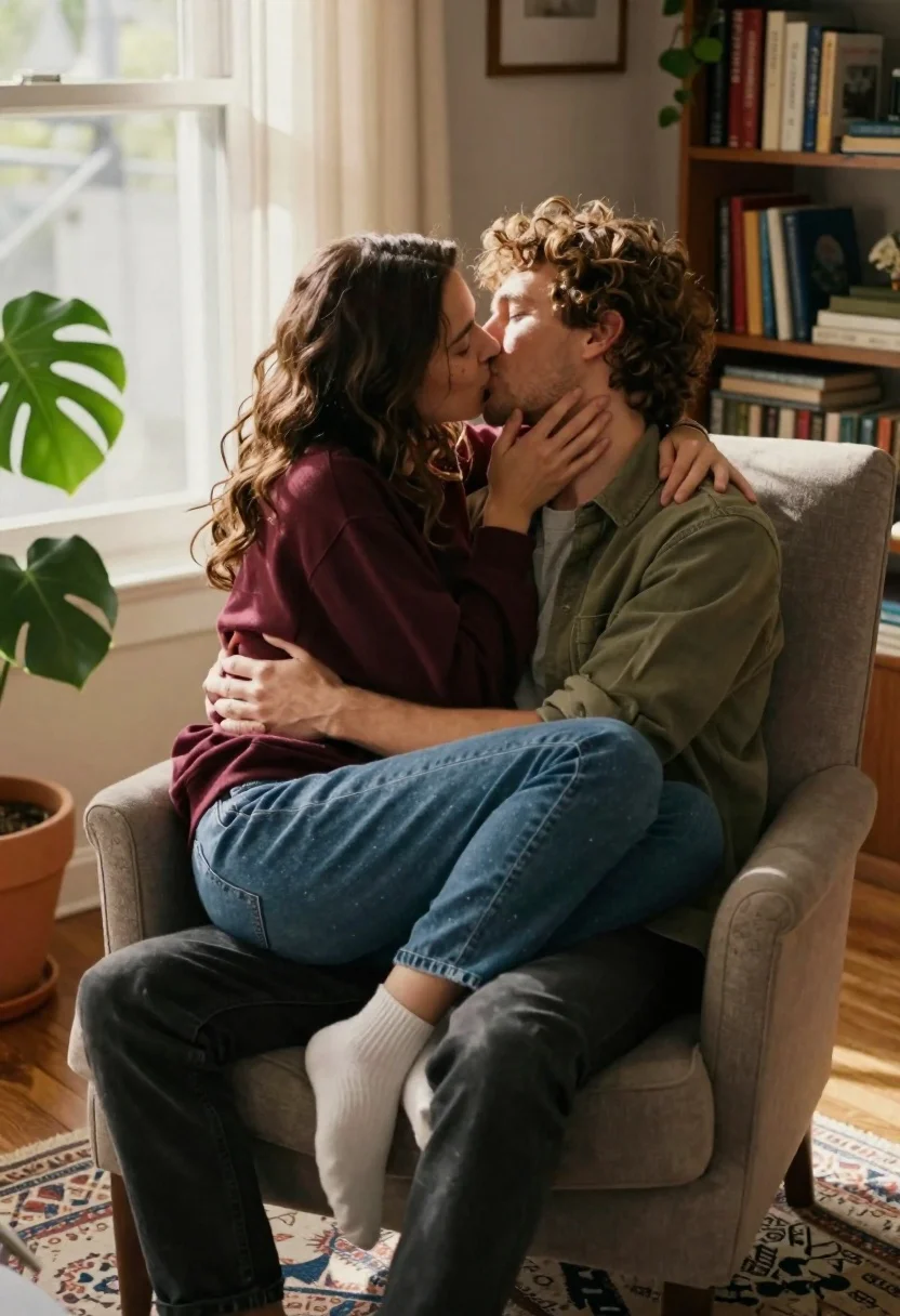 Couple kissing intimately in sunlit living room armchair setting - AI generated image prompt sample