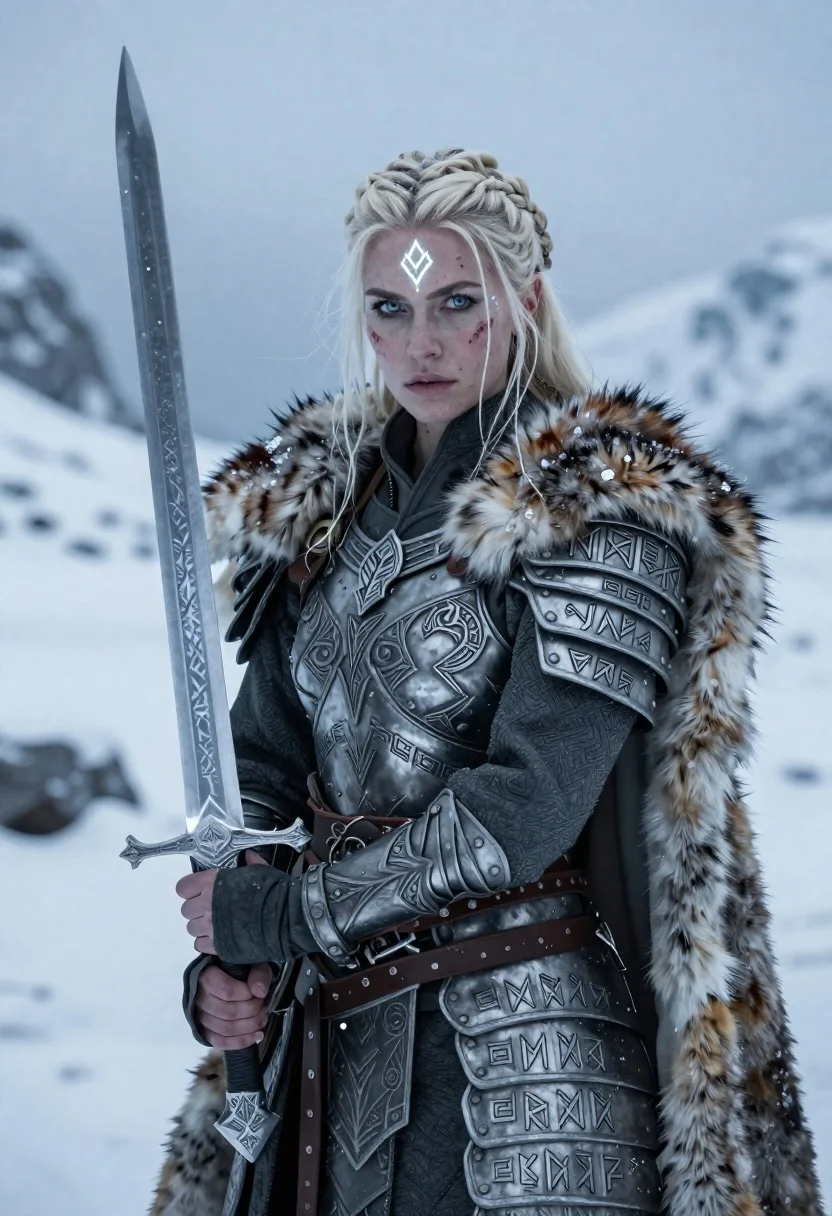 Warrior woman in ornate armor on icy mountain landscape