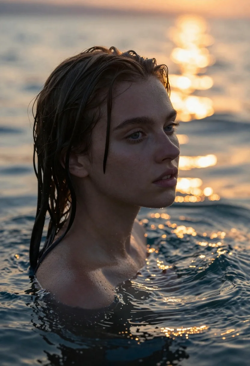 Womans portrait in deep water at sunset