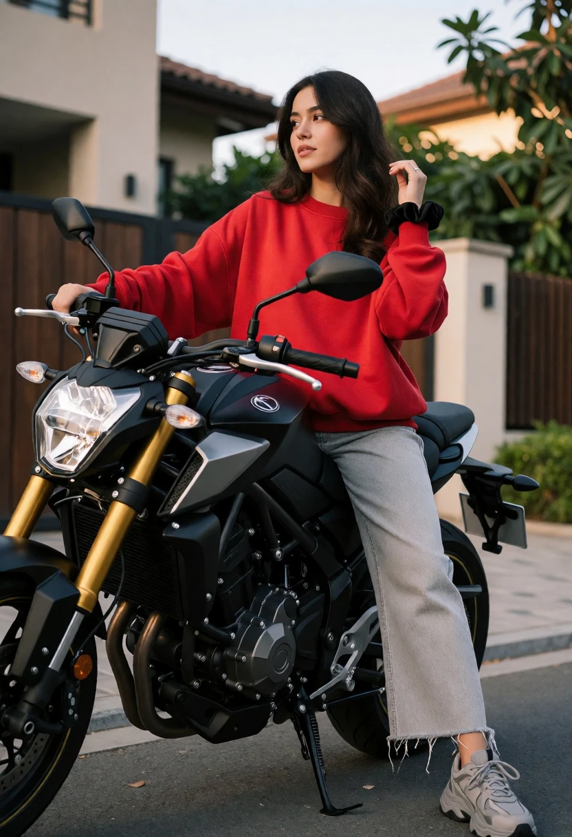 Young woman on black motorcycle parked on paved residential driveway at late - AI generated image prompt sample