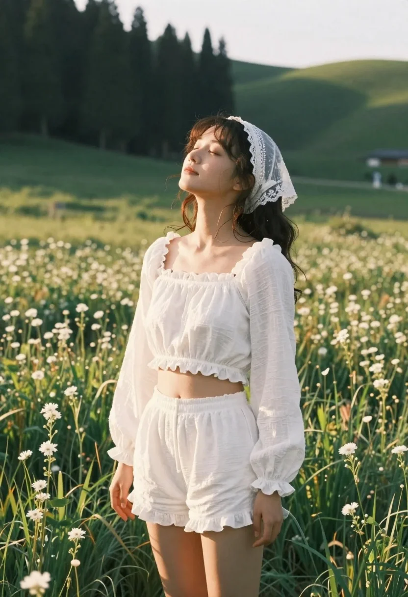 Young woman in white lace outfit standing in sunlit meadow - AI generated image prompt sample