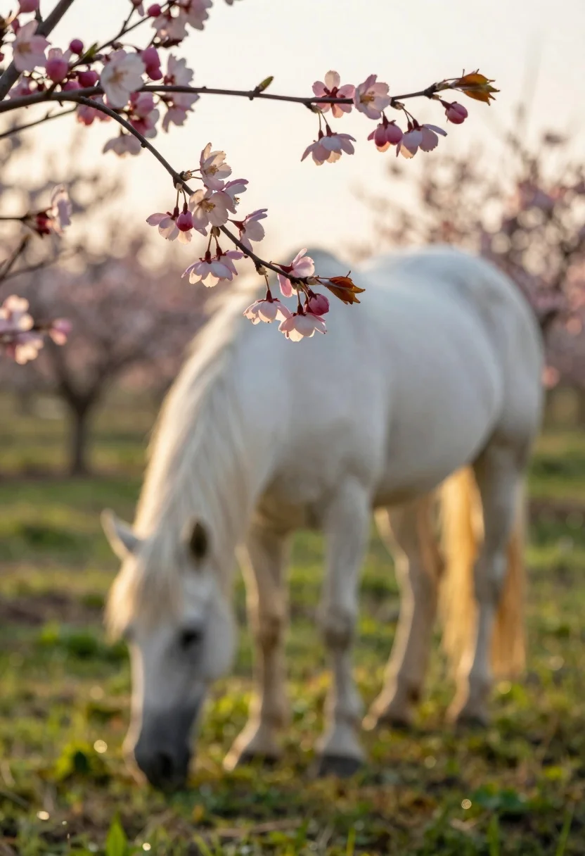 Pink and white blossoms against blurred white horse silhouette