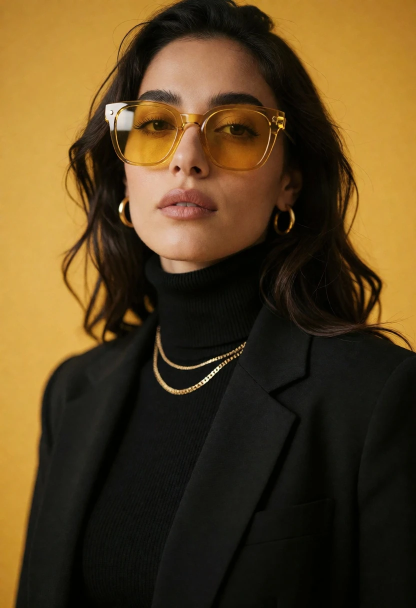 Confident woman in black blazer and turtleneck against mustard yellow studio backdrop - AI generated image prompt sample