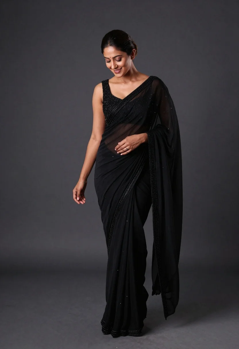 Full length studio portrait of woman in elegant black sheer beaded saree
