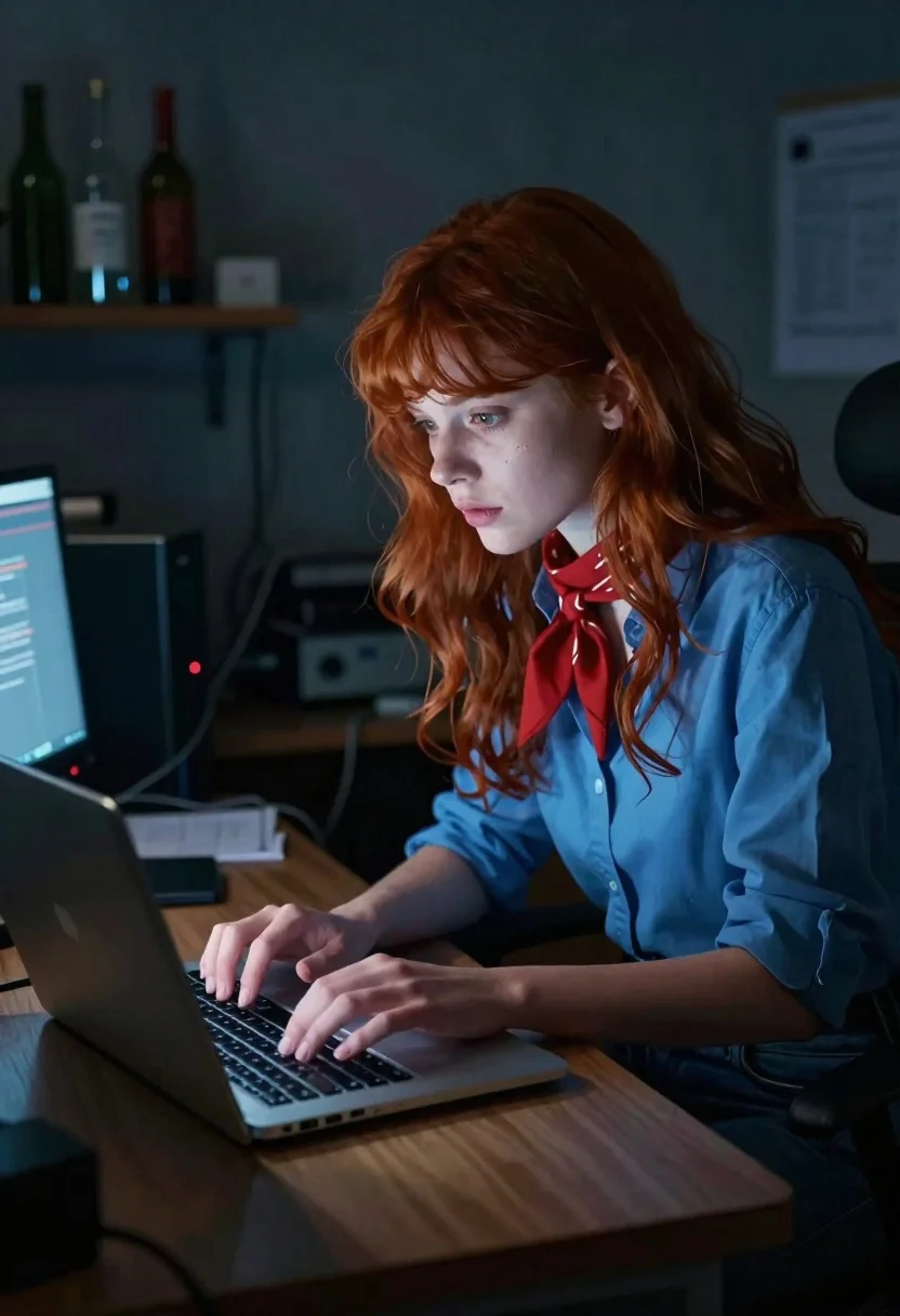 Woman typing on laptop in dimly lit cluttered office