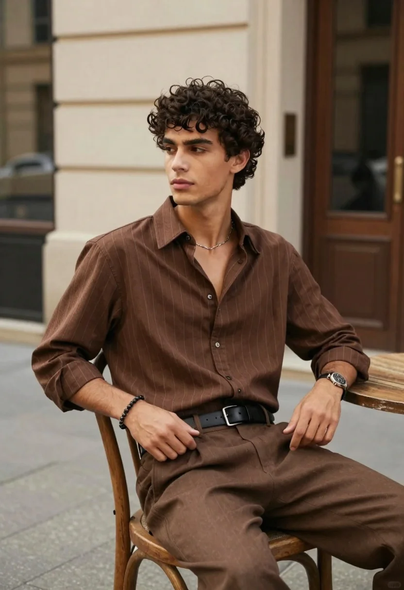 Young man with dark curly hair sitting on chair in urban street - AI generated image prompt sample