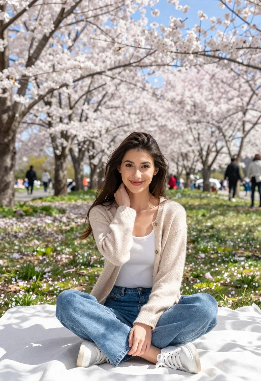 Young woman in beige cardigan sitting on blanket under cherry blossoms - AI generated image prompt sample