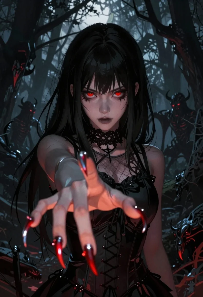 Girl with red eyes extending metallic claw in dark forest