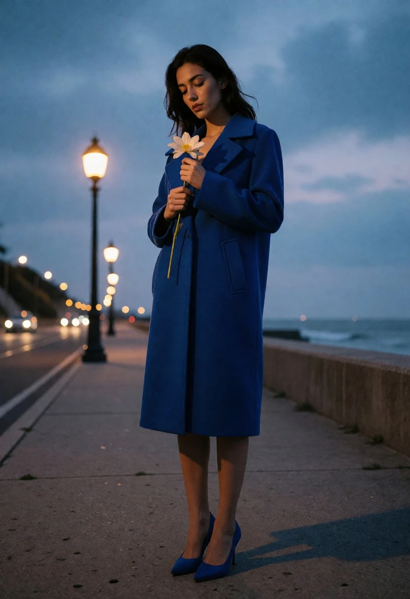 Woman in royal blue coat on seaside promenade at twilight holding flower - AI generated image prompt sample