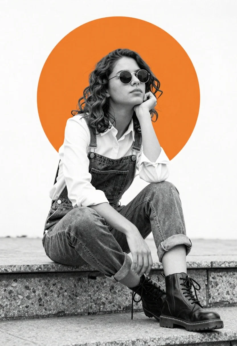 Young woman on stone ledge wearing overalls against solid orange background - AI generated image prompt sample