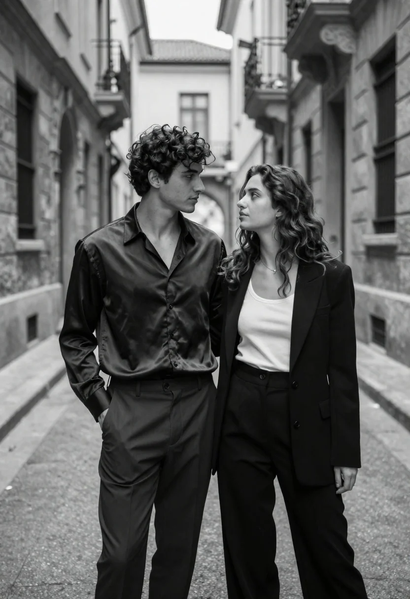 Black and white portrait of stylish couple in narrow european alleyway - AI generated image prompt sample