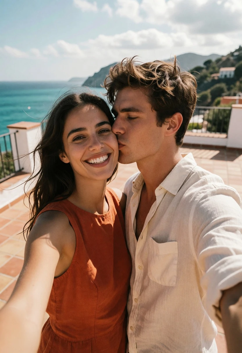 Couple kissing on sunlit terrace overlooking turquoise sea and green hills - AI generated image prompt sample
