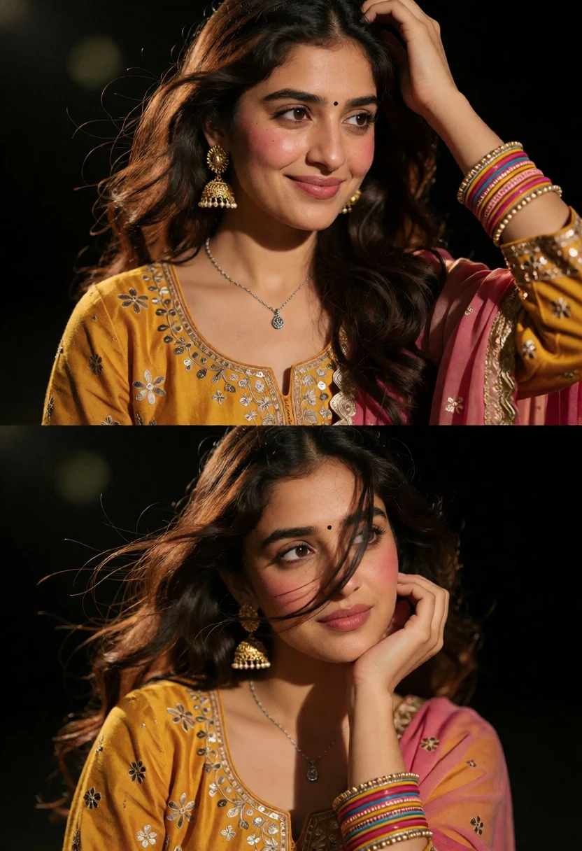 Close up portrait of young woman in mustard kurta against black background - AI generated image prompt sample