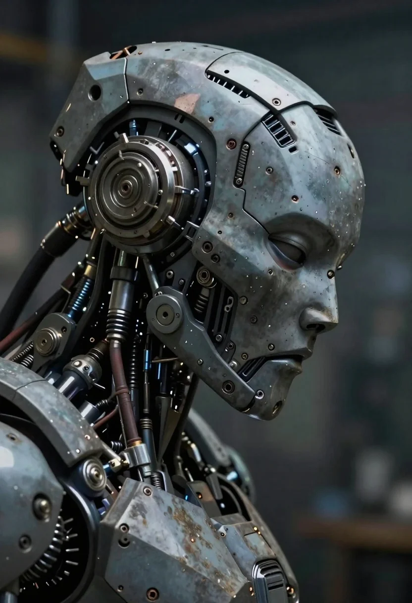 Close up profile of detailed robotic head in workshop