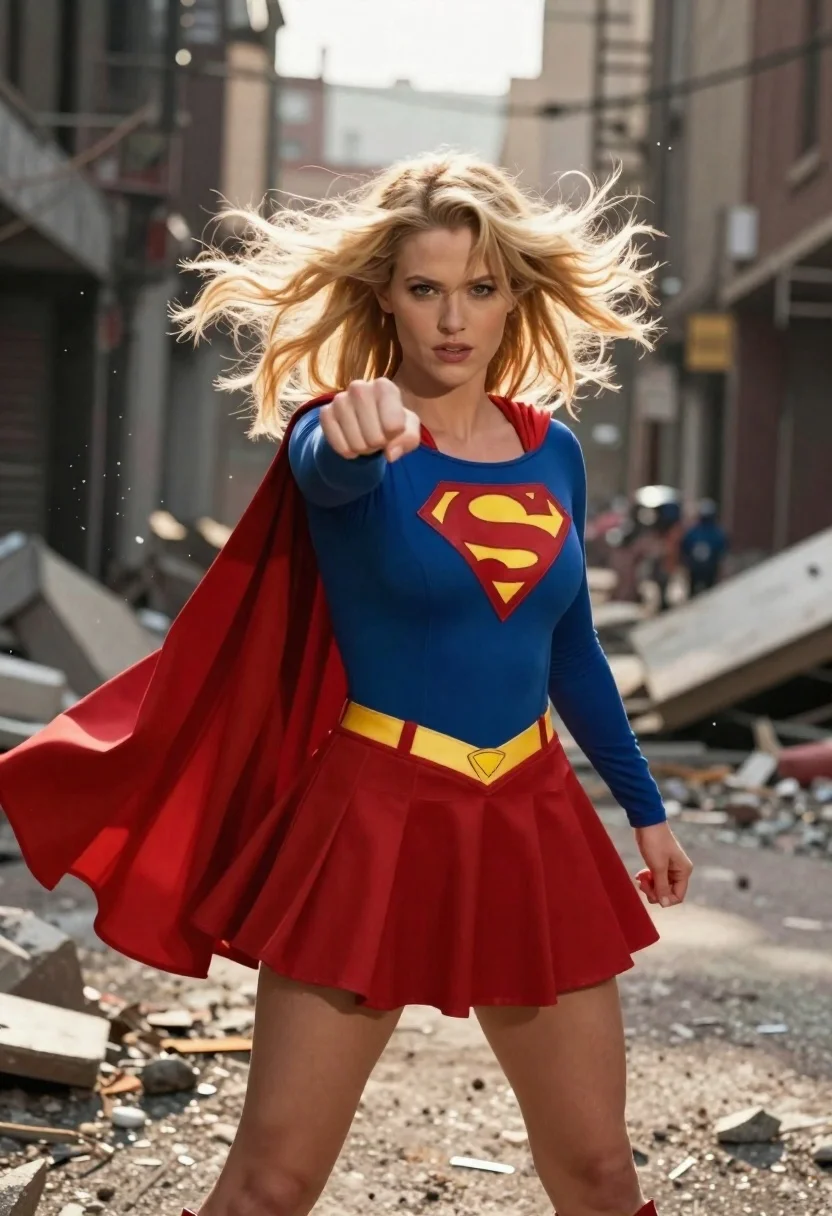 Supergirl striking pose on rubble strewn urban street - AI generated image prompt sample