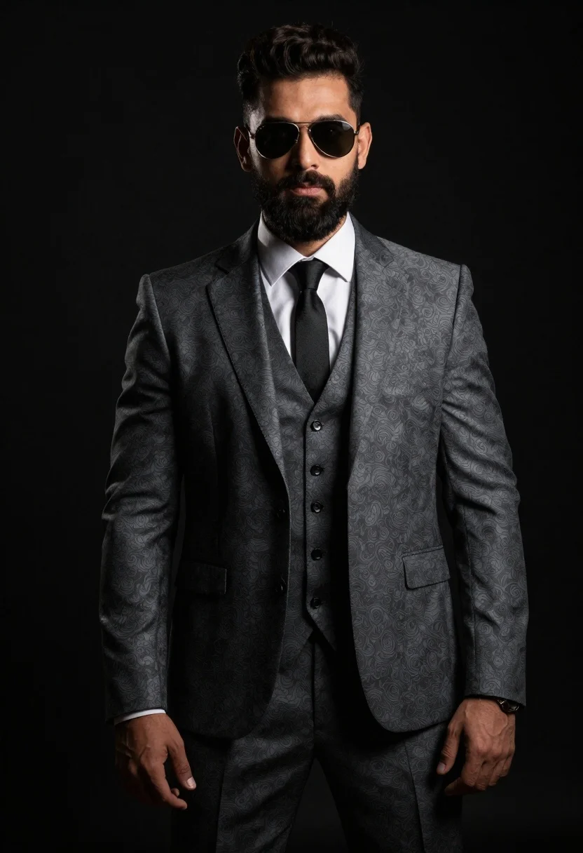 Studio portrait of man in formal suit against black background - AI generated image prompt sample