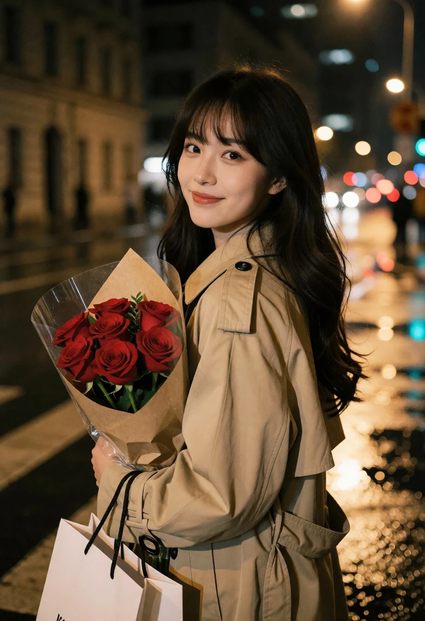 Young woman in beige trench coat on wet city street at night - AI generated image prompt sample