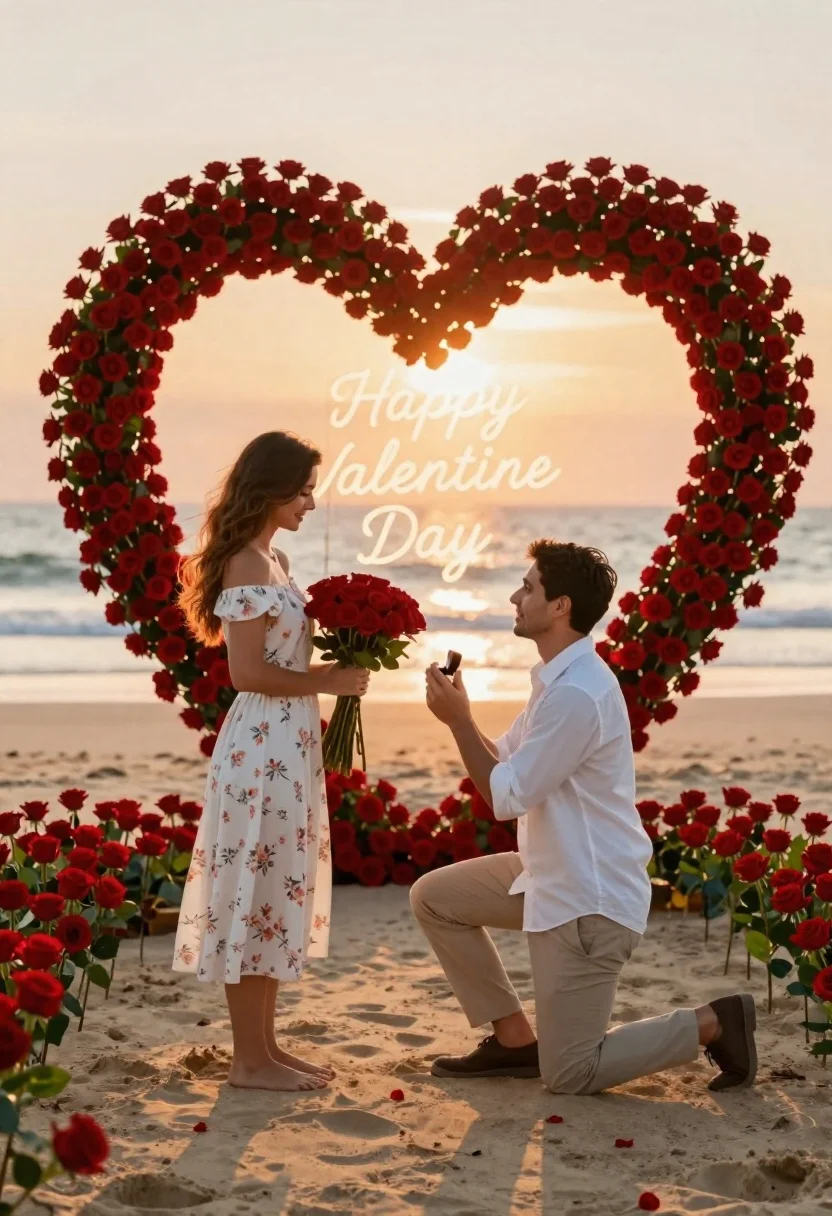 Man proposes to woman on sandy beach at sunset under giant red - AI generated image prompt sample