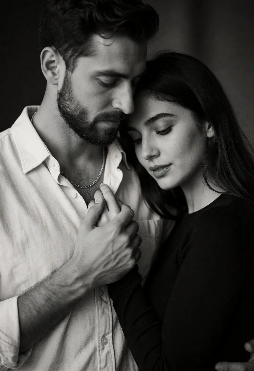 Black and white medium close up portrait of an embracing couple - AI generated image prompt sample