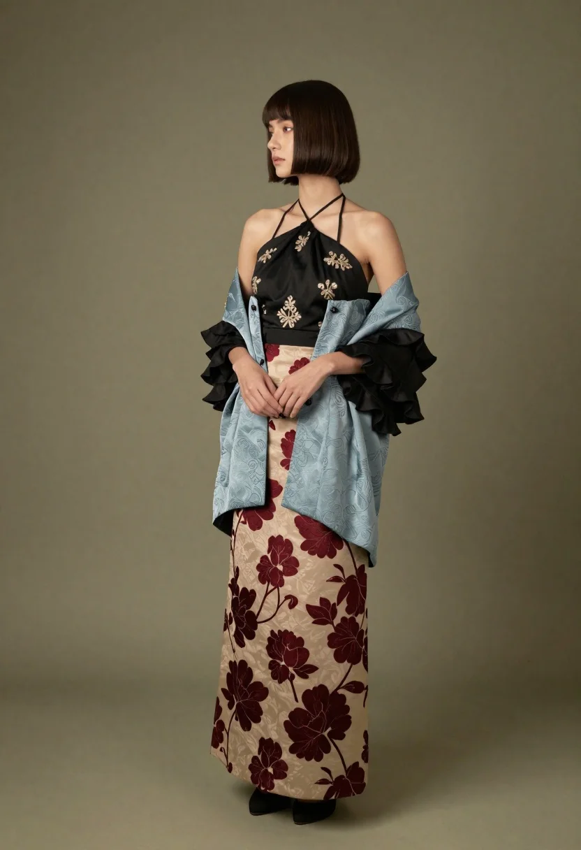 Full length studio portrait of woman in embroidered jacket and skirt - AI generated image prompt sample