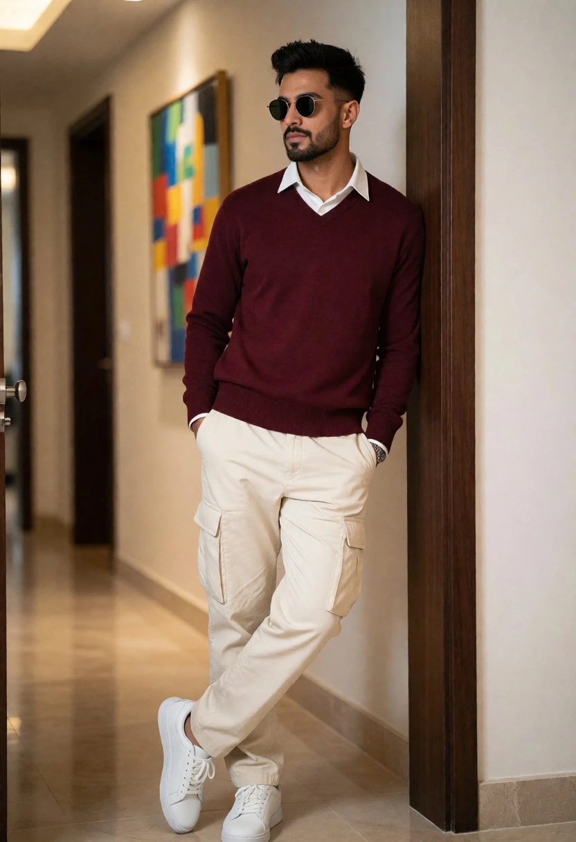 Stylish man leaning against dark wooden doorframe in an indoor hallway - AI generated image prompt sample