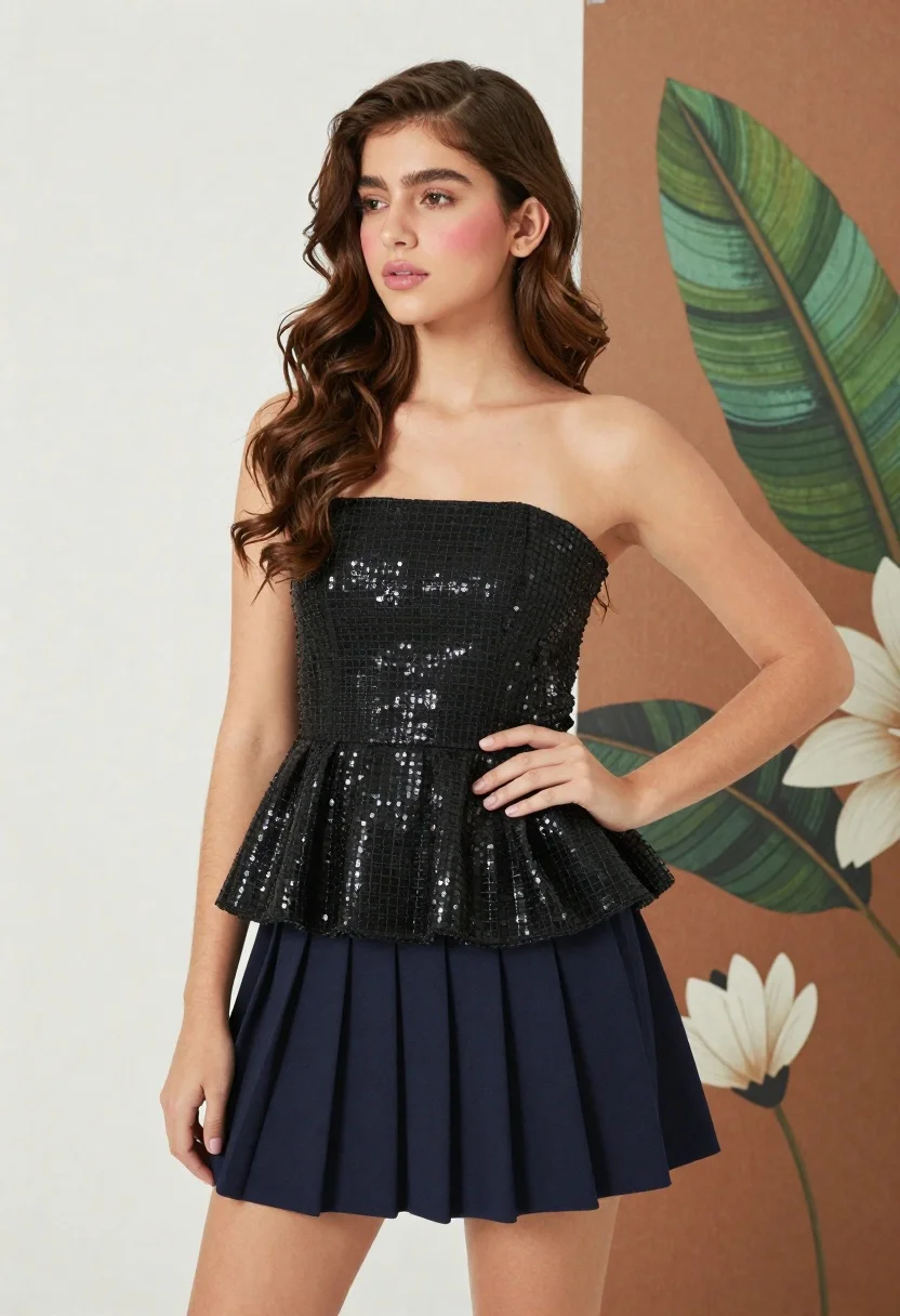 Young woman in black top and navy skirt against split wall backdrop