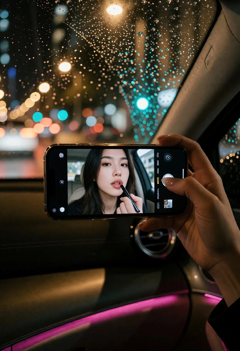 Smartphone screen showing lipstick application inside a car at night - AI generated image prompt sample