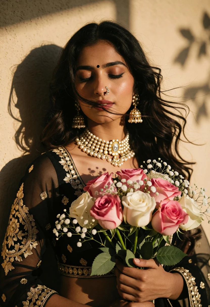 Woman with dark hair holding roses against beige wall at golden hour - AI generated image prompt sample