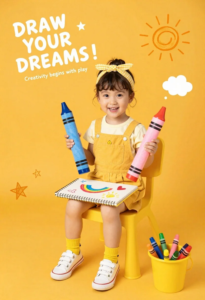 Joyful toddler girl in yellow outfit holding giant crayons against bright background - AI generated image prompt sample