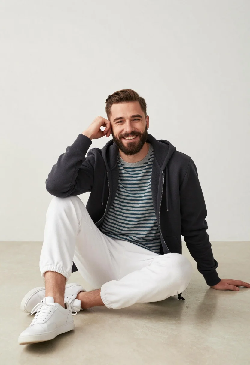 Man sitting casually in studio against plain backdrop