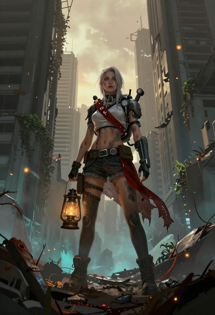 Female survivor in ruined cityscape with glowing embers