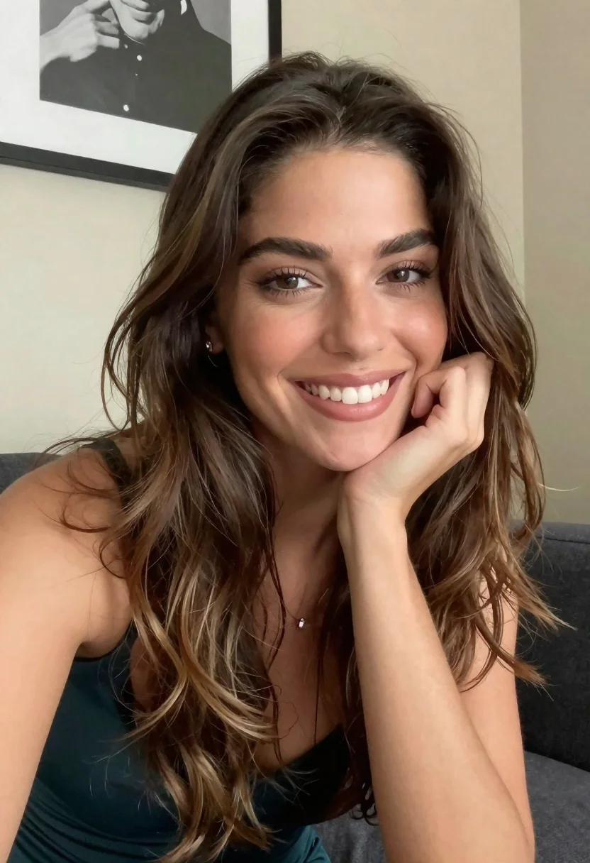 Close up portrait of smiling woman with brown hair resting chin on