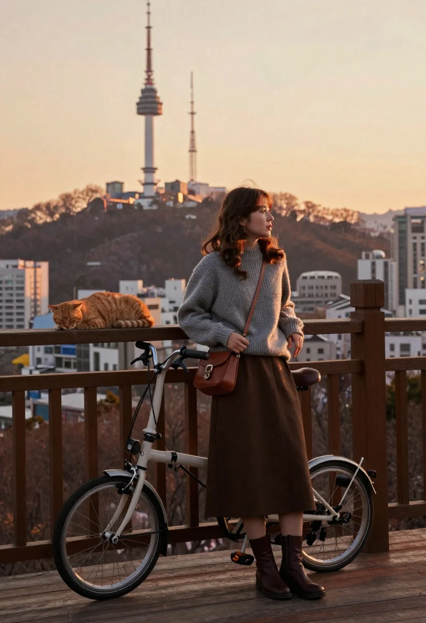 Young woman in grey sweater leaning on railing with bicycle and cat - AI generated image prompt sample