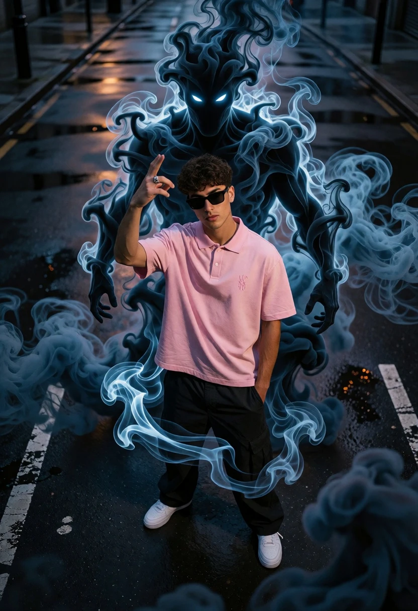 Young man on wet city street surrounded by blue spectral smoke entity - AI generated image prompt sample
