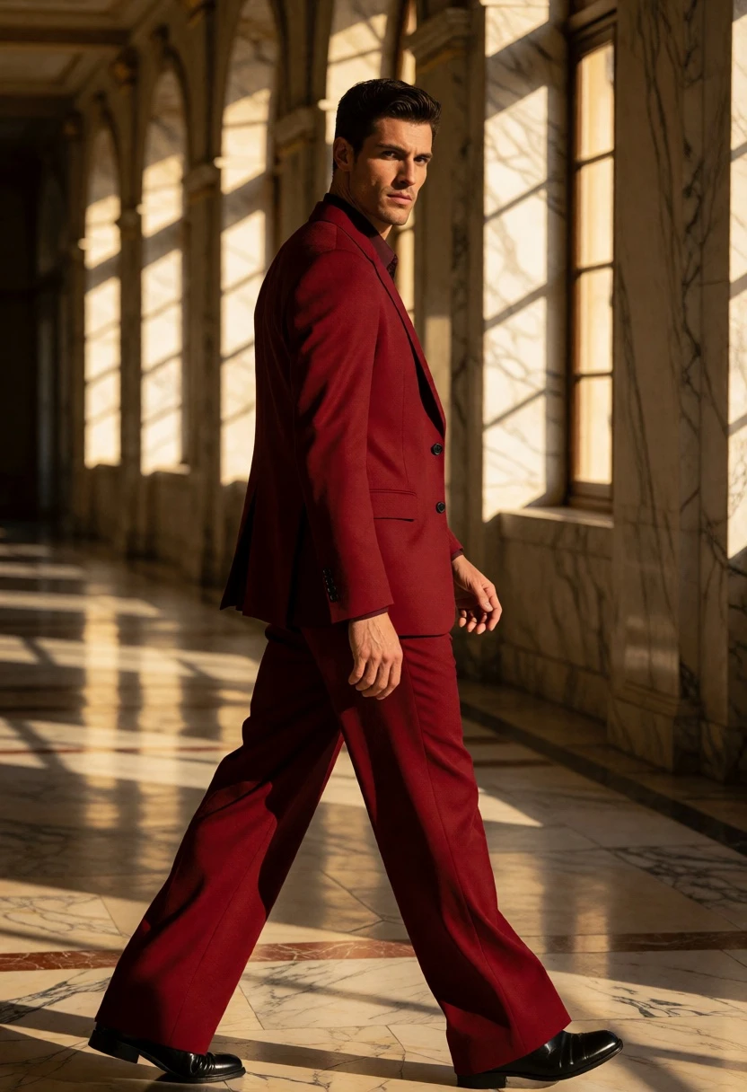 Man in red suit walking down sunlit marble corridor low angle view - AI generated image prompt sample