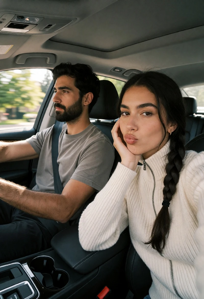 Man driving while woman sits in car looking at camera from inside - AI generated image prompt sample