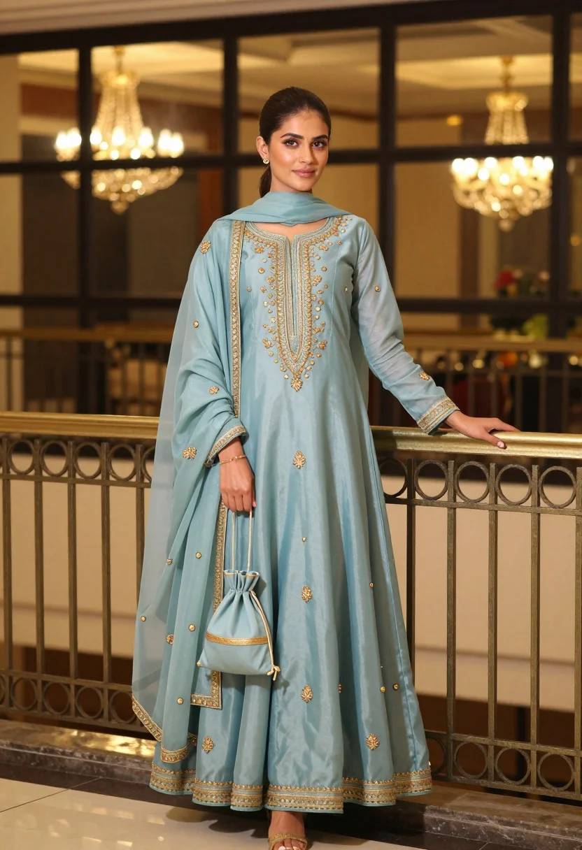 Young woman in light blue embroidered traditional outfit leaning on metal railing - AI generated image prompt sample