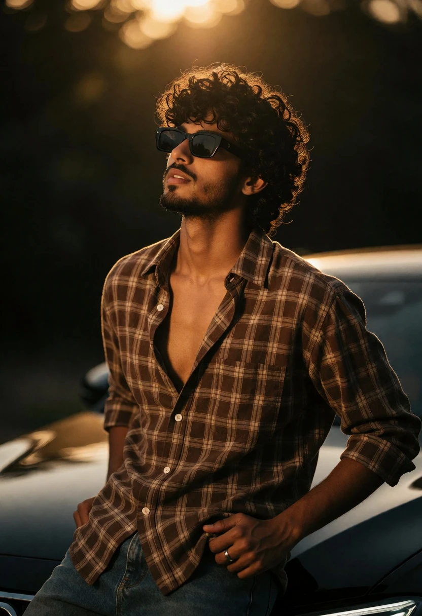 Young man with curly dark hair leaning against sleek car at golden - AI generated image prompt sample