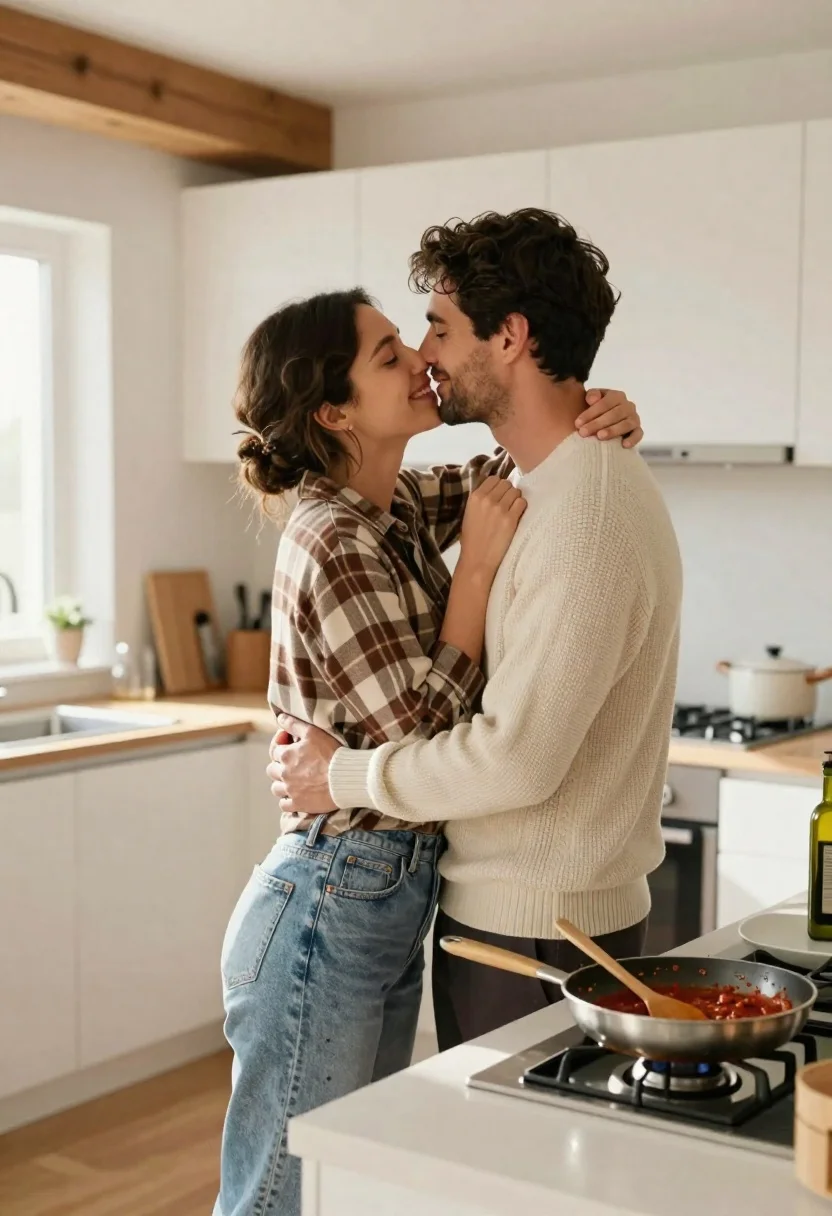 Young couple embracing in a modern kitchen while cooking together - AI generated image prompt sample