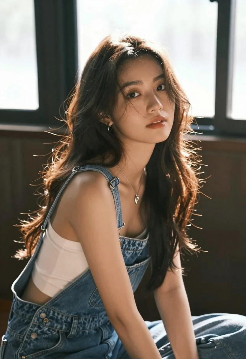 Young woman in denim overalls with backlit hair