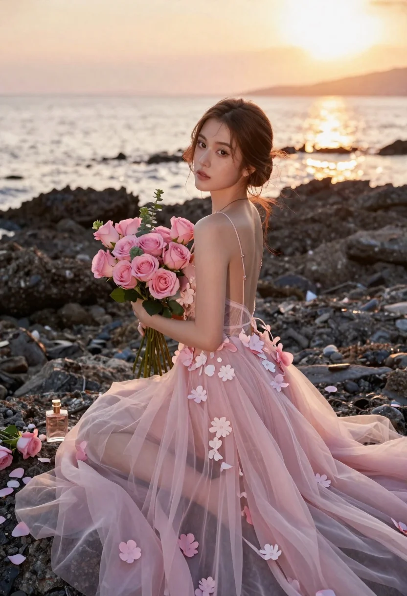 Young woman in pink gown sitting on rocky shore at golden sunset - AI generated image prompt sample