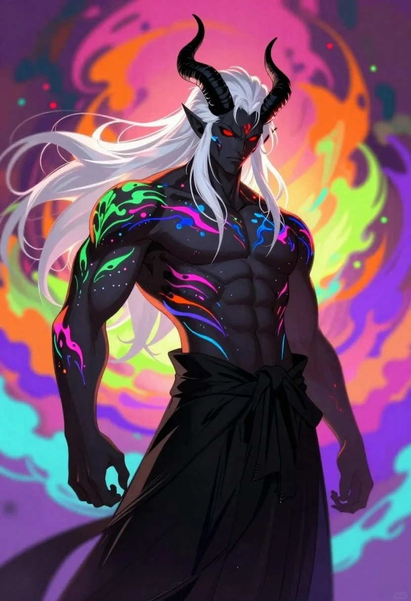 Demon with bioluminescent tattoos in smoke vortex