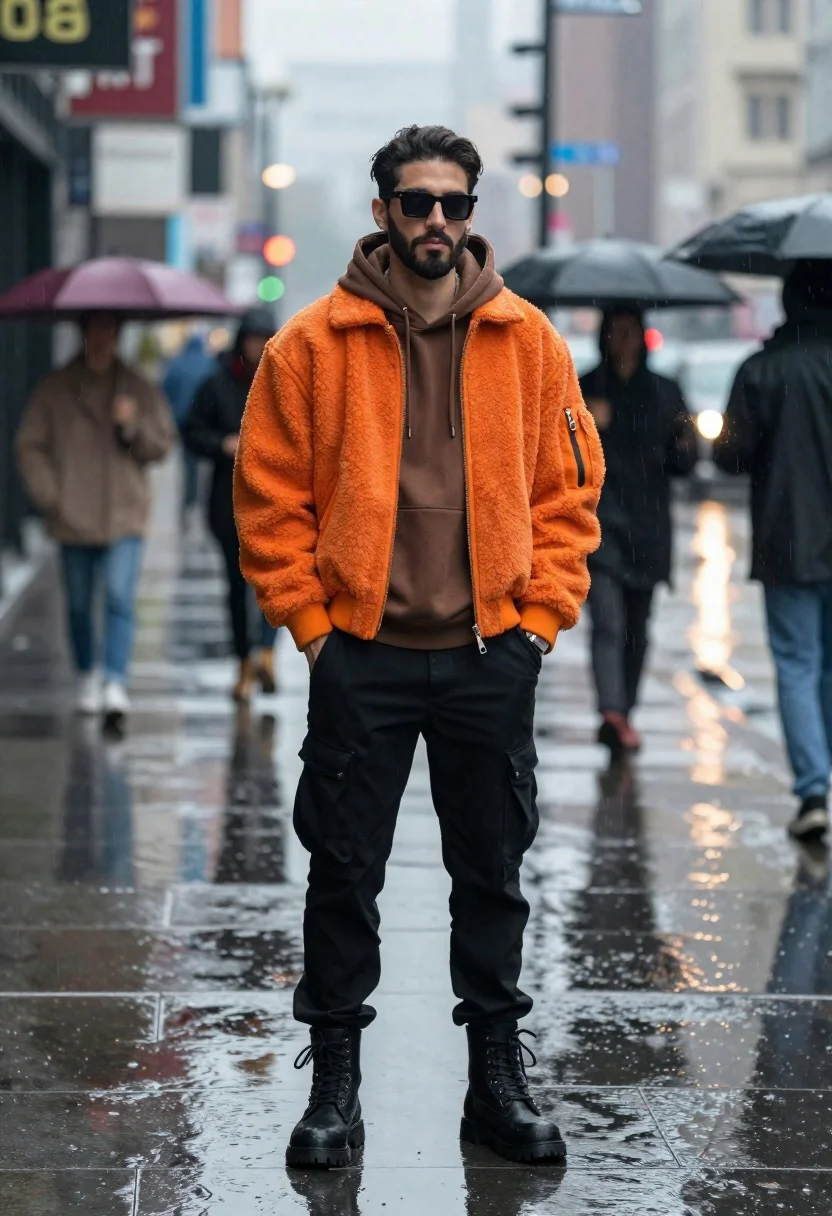 Stylish man in orange jacket on wet city sidewalk