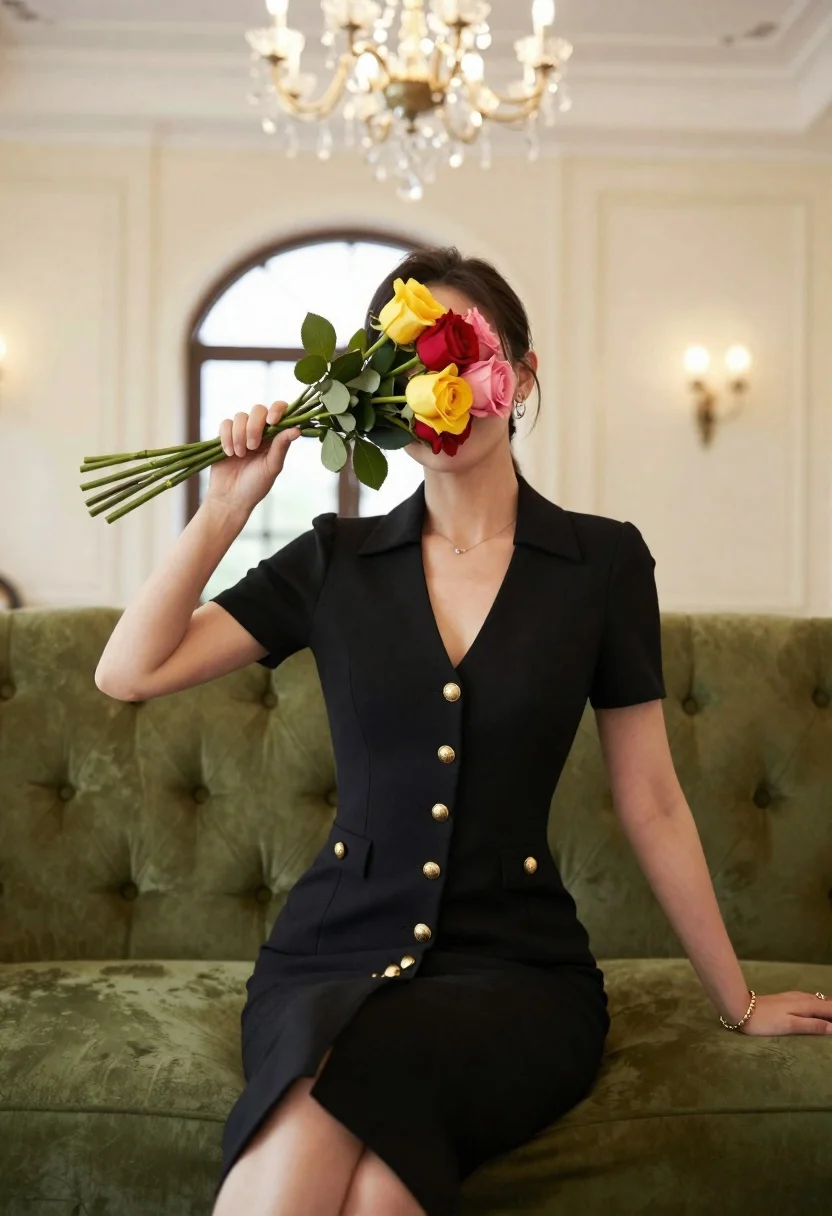 Woman in black dress holding colorful roses against face indoors